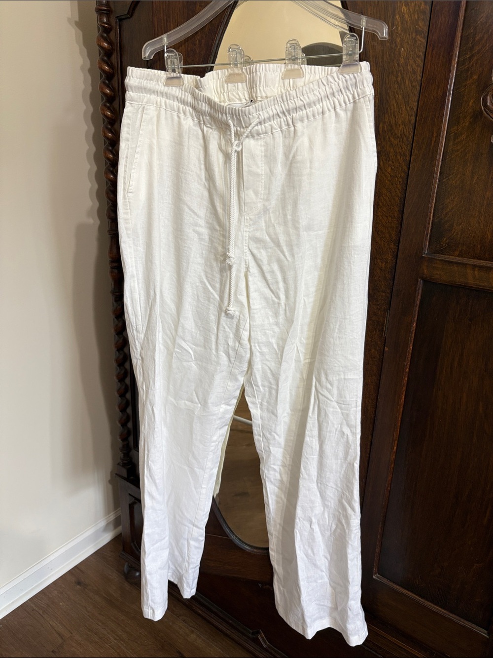 Womens White Drawstring Linen-Blend Sz XL Tall Pants-Beach ready so very comfy!